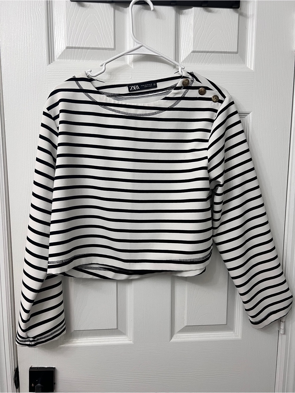 Zara Black & White Striped Boatneck Long Sleeve Top with Shoulder Buttons